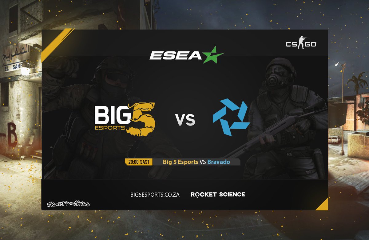 Big5Esports's tweet image. We&apos;re facing off against a formidable opponent in @bravadogaming at 20:00 tonight for the ESEA playoffs. 

This game should be quite tight, as the boys have been showing massive improvement as of late.

No confirmed stream yet (TBA).

#RoarFromAfrica🦁
@RocketScienceZA🚀