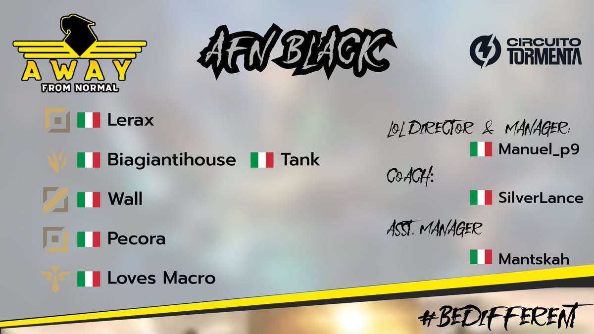 Torneo? Oh yes

Benvenuti Black Boys! 🖤

⚔️ Top: @Leraxamv
🌴 Jungle: <a href="/biagiantihouse/">Biagiantihouse</a> - Tank
🧙‍♂️ Mid: <a href="/Wall03_lol/">Wall</a>
🏹 Adc: Pecora
🛡️ Supp: Smile Mama

🧠 HC : SilverLance
📊 TM : Manuel
📊 Ass. TM : <a href="/Mantskah_lol/">Mantskah</a>

P.S.
Grazie all'adc che ha sostituito il nostro <a href="/italian_gosu/">ⅭZ༝🔶­­ ­В­­l­­n­­­a­­n­­с­e­­</a> 😅😘