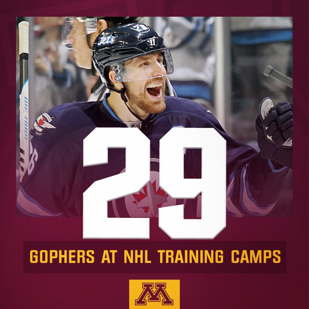 GopherHockey's tweet photo. No college team had more NHL alums last year than Minnesota’s 22…guess we’ll just have to top ourselves this year. 

NHL Training Camp Details: 
https://t.co/GWoFA9wDHX

#Gophers x #PrideOnIce https://t.co/jRRroUlleq