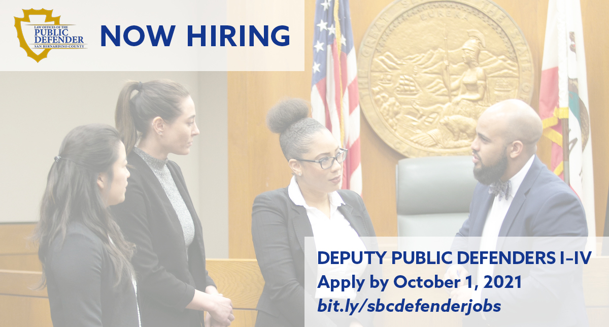 Our office is now recruiting Deputy Public Defenders at Levels I-IV. For complete information and to apply, visit our listings on the @sbcountycareers site: bit.ly/sbcdefenderjobs

Deadline: October 1, 2021, at 5pm PT

#PublicDefenderJobs #PublicDefenders #AttorneyJobs