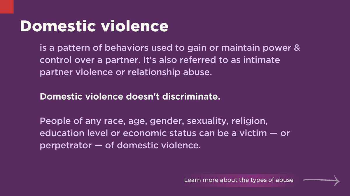 Domestic violence is more than just physical violence. Multiple forms of abuse are usually present at the same time in abusive situations, so it’s essential to understand how these behaviors interact so you know what to look for.

There are five types of abuse. Learn more ⬇️