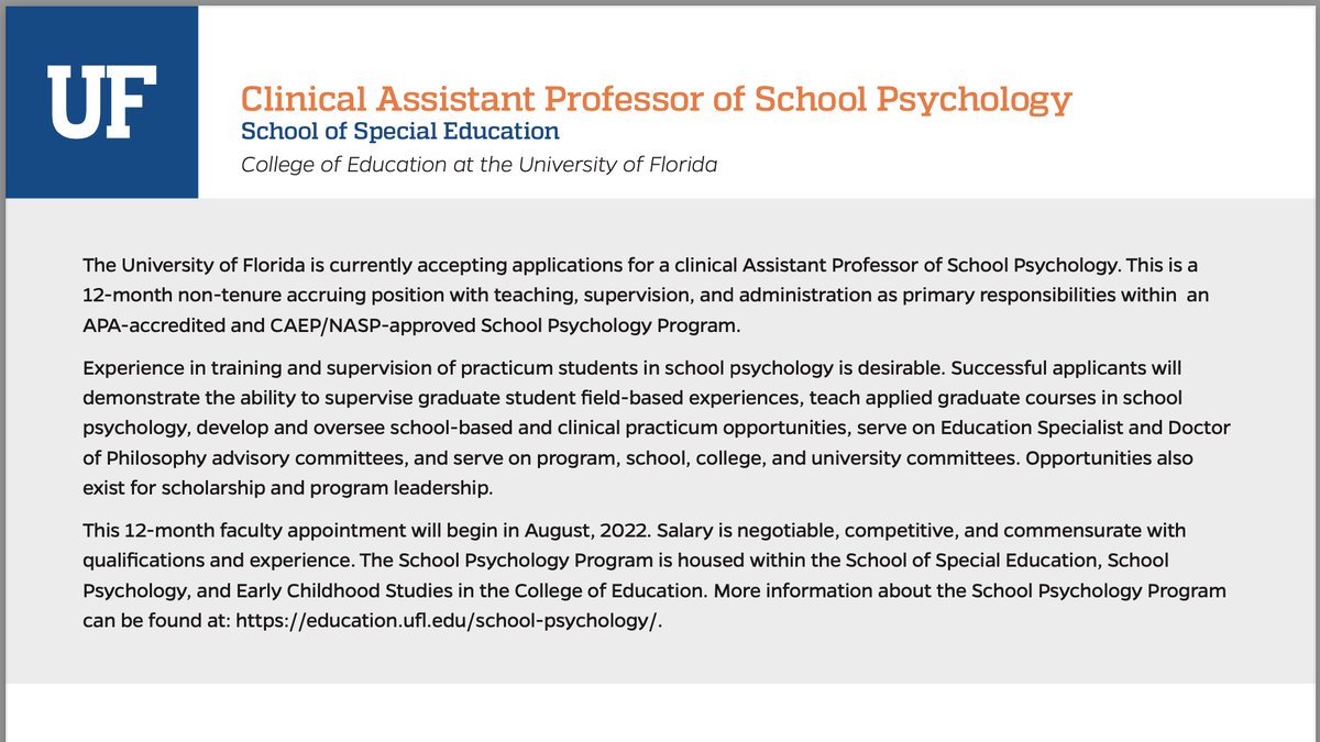 School psych colleagues, friends, friend-leagues! We are hiring a clinical faculty member. Please share 🙂

cc: <a href="/UF_COE/">UF College of Education</a> <a href="/joniwsplett/">Joni Splett</a>