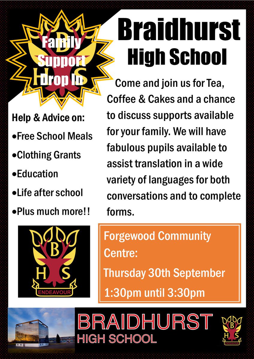 We will be running a drop in session for all Parent/Carers:
Forgewood Community Centre
Thurs 30th Sept
1.30-3.30pm

Support &amp; info on a range of topics:
Free School Meals
Clothing Grants
Clubs/Activities
Financial Inclusion Team

Pupils available to translate and support families