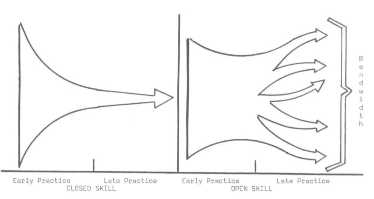 "If indeed, successful open skill performance requires
diversified movement, then traditional attempts to consistently exhibit a single "ideal" movement pattern
are not only erroneous, but detrimental to open skill performance." - Higgins &amp; Spaeth, 1972