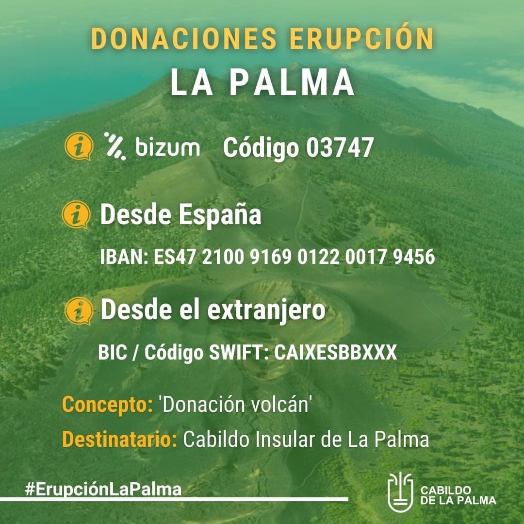 📌 El Cabildo de La Palma habilita varias vías para centralizar las donaciones económicas de particulares y empresas.. 

🟢 Agradecemos a #CaixaBank la colaboración para sacar adelante esta iniciativa.

#ErupciónLaPalma #VigilanciaLaPalma