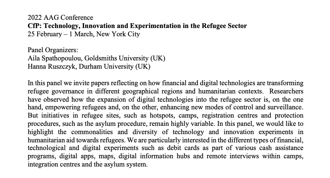 HRuszczyk's tweet photo. CfP: if you research technology, innovation &amp; or experimentation in refugee sector and are going to the @theAAG please submit an abstract to our panel 
https://t.co/fWS8vxN3IN https://t.co/Ao6NFO8GX8