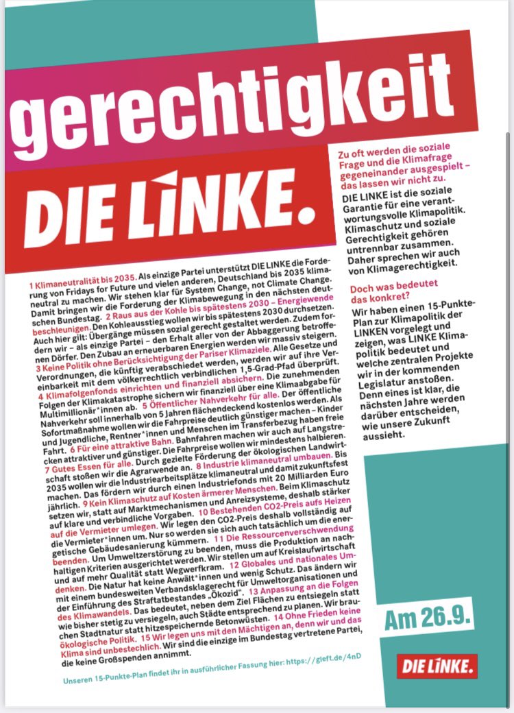 Am Sonntag ist Bundestagswahl! Wir haben die Forderungen der #LINKEN zur #Klimapolitik noch einmal zusammen gefasst und sagen: Wer #Klimagerechtigkeit will, muss @dieLinke wählen. #btw21 #machtdaslandgerecht #CDUrausausderRegierung