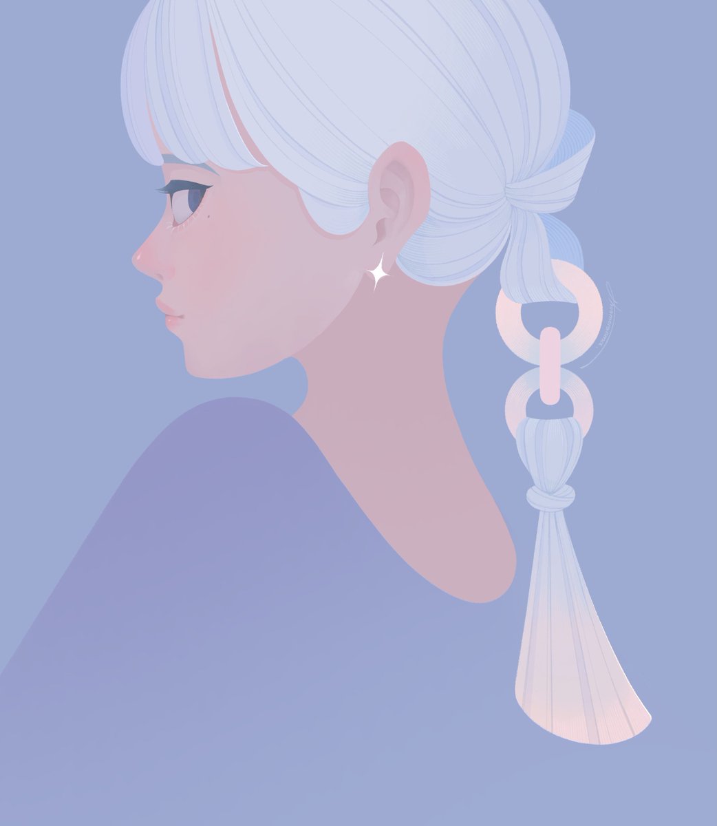 1girl solo profile white hair simple background blue background earrings  illustration images