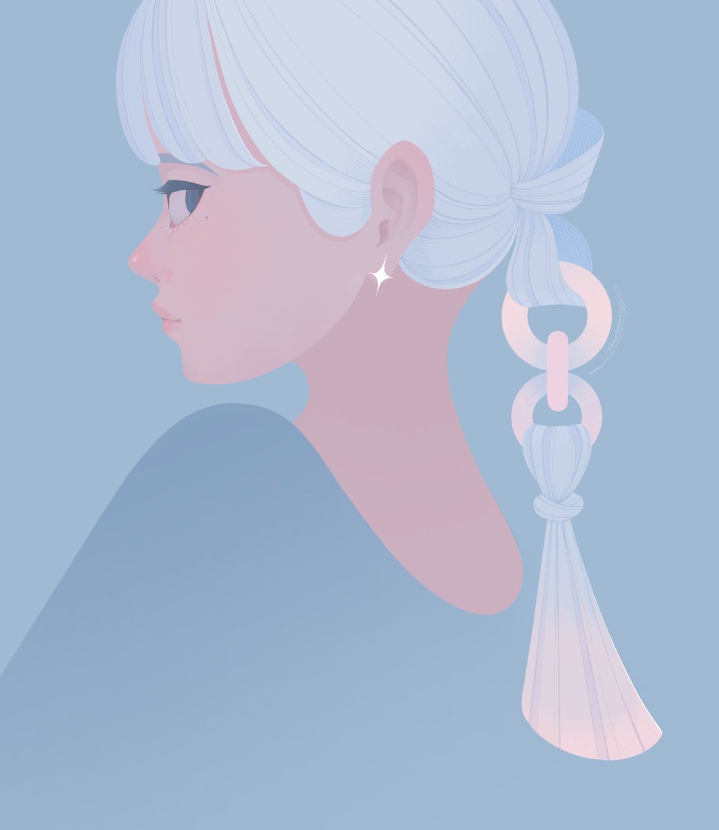 1girl solo profile white hair simple background blue background earrings  illustration images