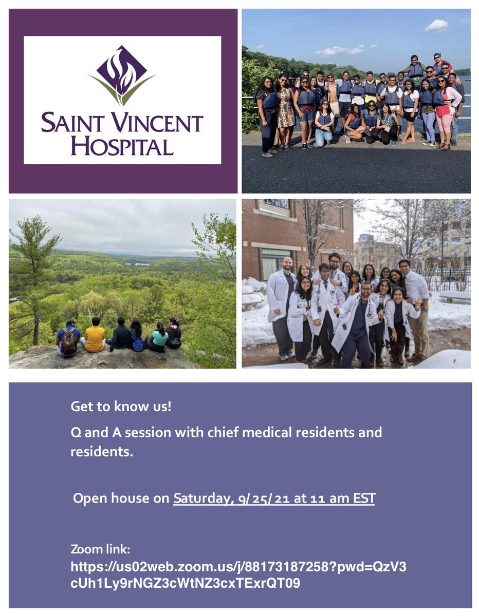 Save the date!! 

Saint Vincent Hospital Internal Medicine residency program will host a Q and A session with chief medical residents and current/former residents on September 25th, 11 am EST.

Register in advance for this meeting:
us02web.zoom.us/meeting/regist…