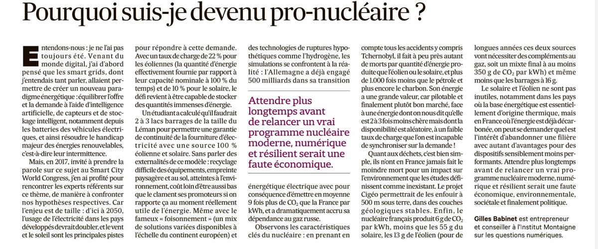vincentgaudin's tweet photo. J'aurais pu écrire cela. Il n'y a pas de raison de se priver de cet outil performant, sûr et très peu impactant sur le plan écologique. Être antinucléaire est une posture idéologique. Via @babgi https://t.co/UP8xdrJuhZ
