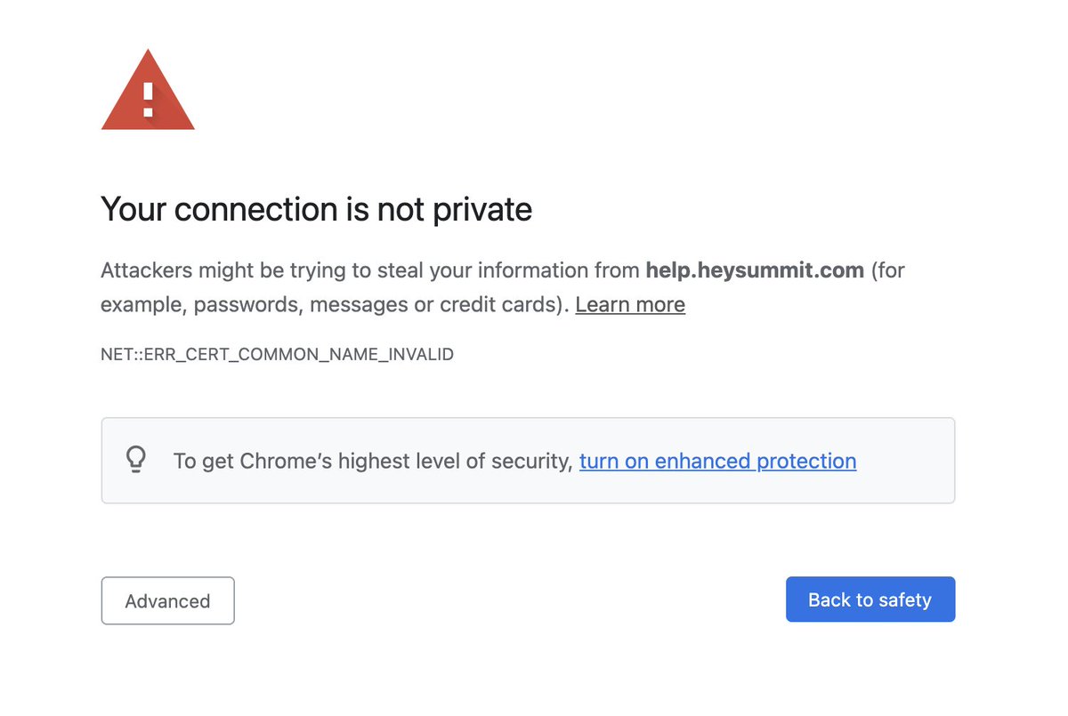 eventvideolive's tweet photo. @HeySummit Looks like your knowledge base SSL certificate needs updating... https://t.co/sh9uhPXPx3