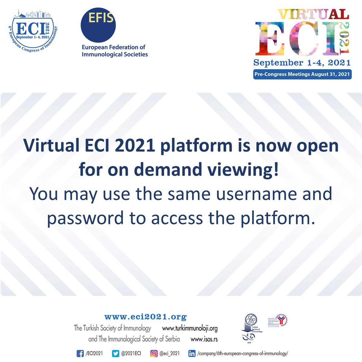 ECI 2021 Virtual Platform (virtualeci2021.com) is active again until the end of the year. All registered participants have the opportunity to access the scientific sessions and view e-posters. Enjoy the science! Looking forward to seeing you on the platform again! #eci2021