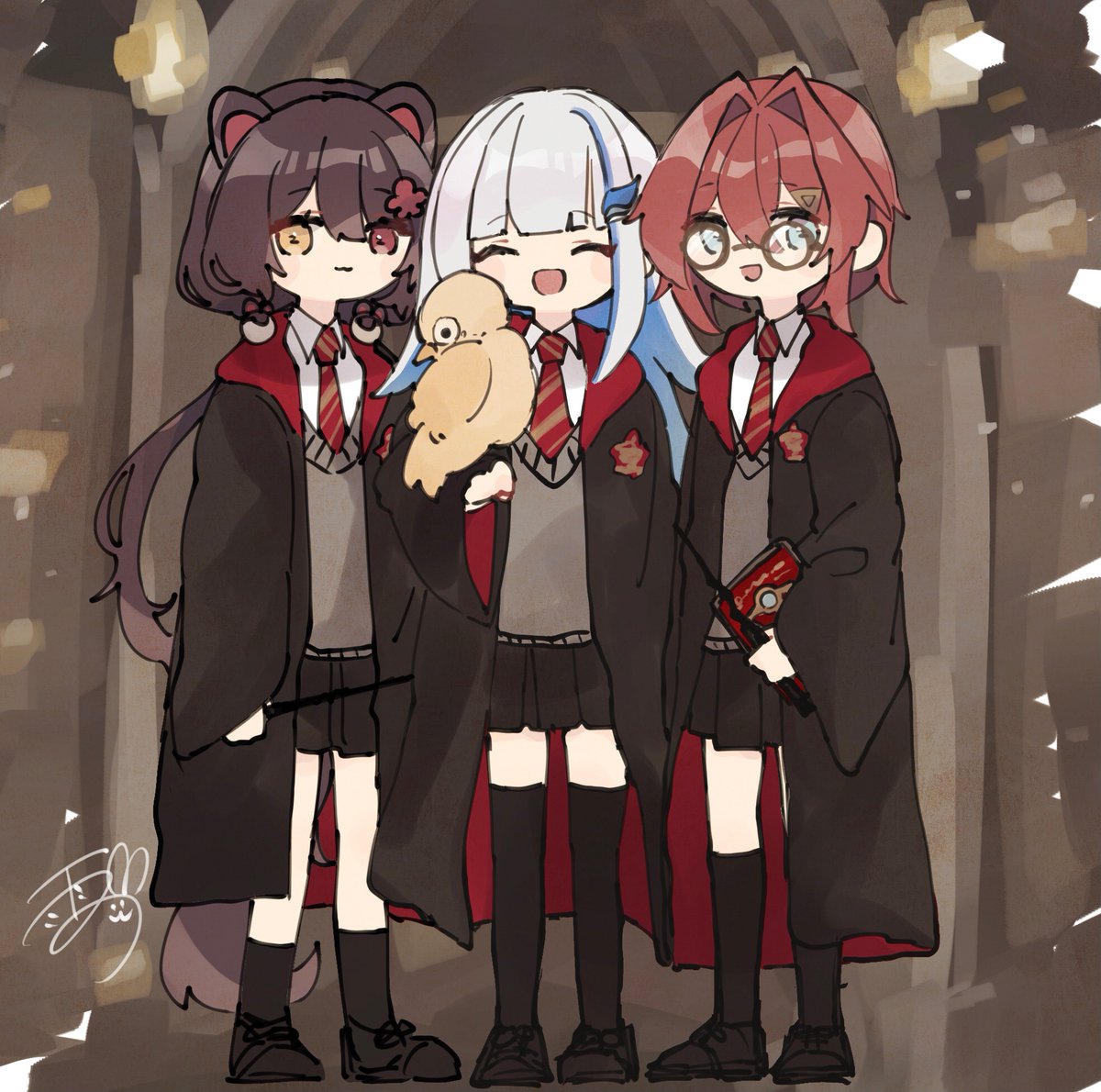 ange katrina ,inui toko ,lize helesta multiple girls 3girls hogwarts school uniform heterochromia necktie skirt ^ ^  illustration images