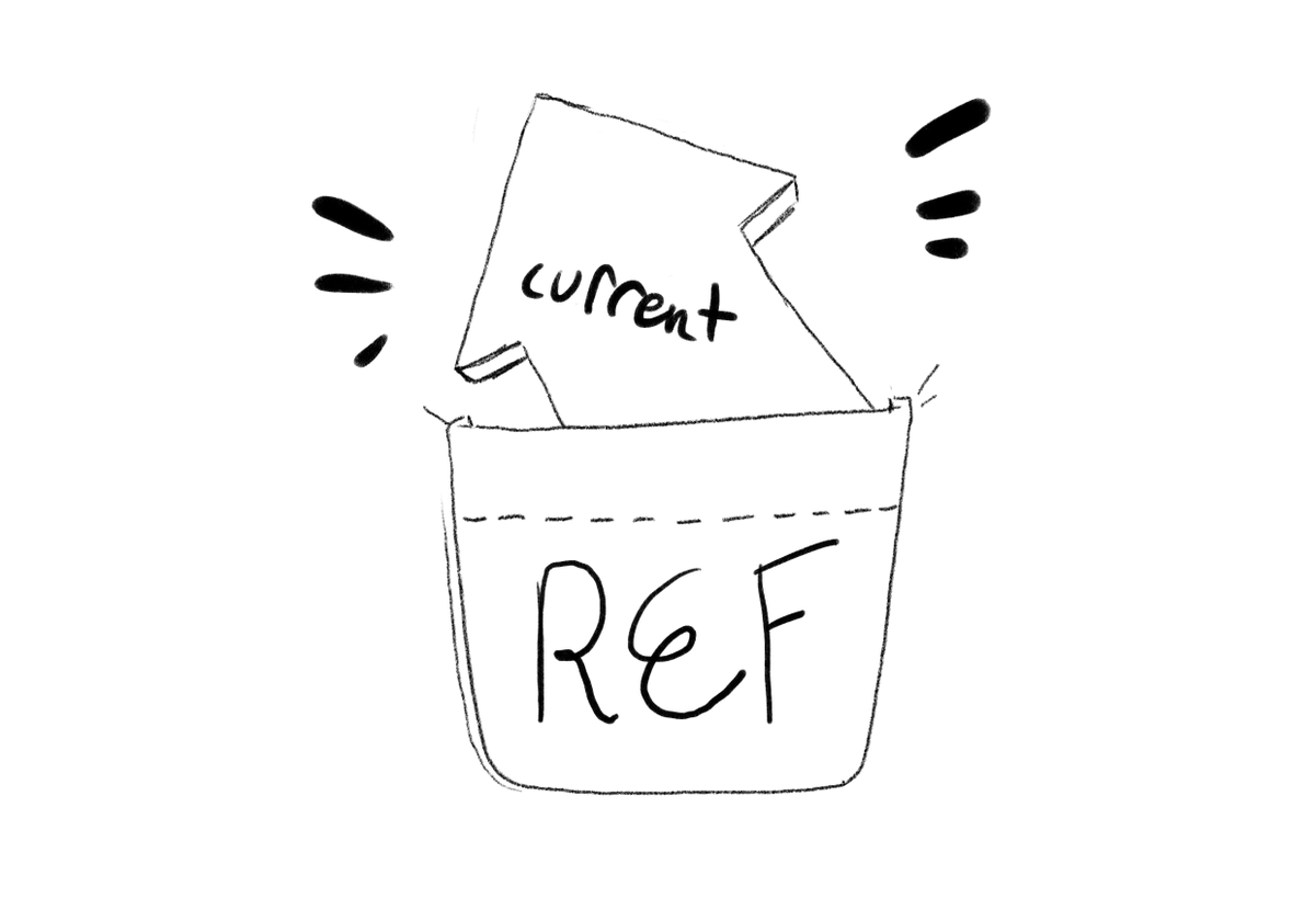 In React, refs are like a pocket you can stuff "references" to values in: 

const ref = useRef(value)

returns the object

{ current: value }

which you can point it at some new value using

ref.current = newValue

#reactTIL