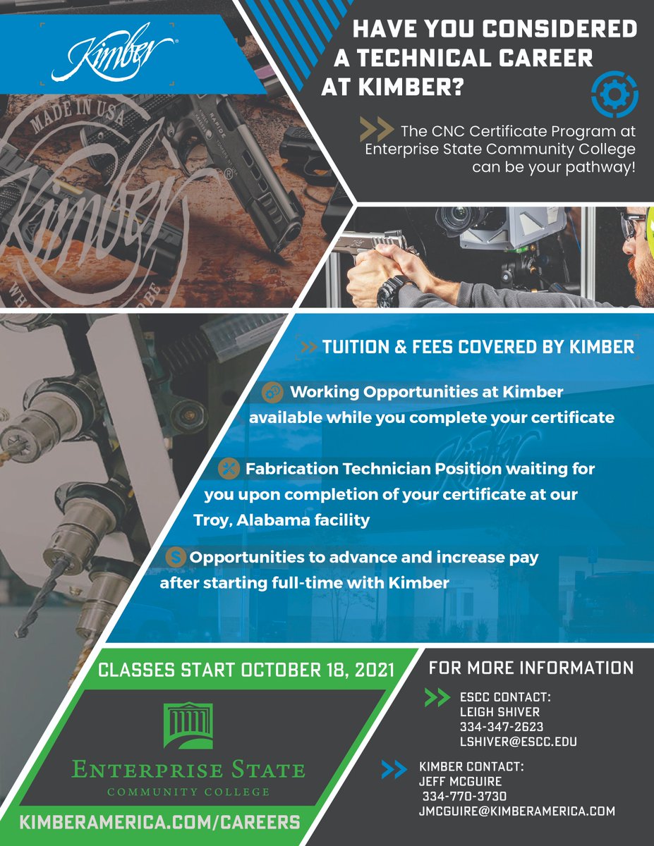 There are great careers available to you when you complete your training for our CNC Operator/Programmer certificate, offered as part of our Mechatronics program! Check out this opportunity with Kimber! #highdemandcareers