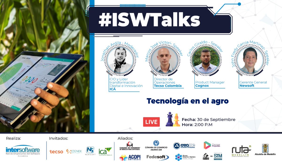 CocrearP's tweet image. 🔵 Conectemos con el nuevo #ISWTalks: conozcamos cómo ha sido la evolución del sector #Agro en Colombia, cuáles han sido los mitos alrededor, las tecnologías aplicadas que están transformando el sector y por qué la tecnología es un gran aliado. 

🌐 lnkd.in/e354MqUy