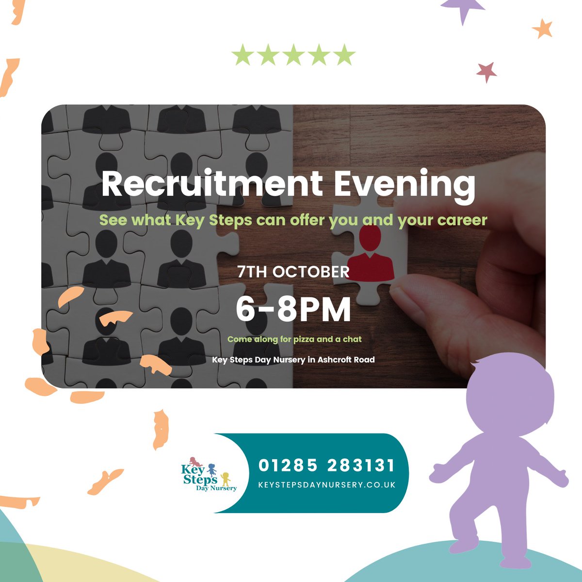 We are growing! 
Recruitment evening @Keysteps Day Nursery Cirencester
See what Key Steps can offer you and your career
7th October 6-8pm come along for pizza and a chat
👍
Visit our careers  page online: rfr.bz/t3aex7e
 #love #cirencesterrocks #cirencestermums