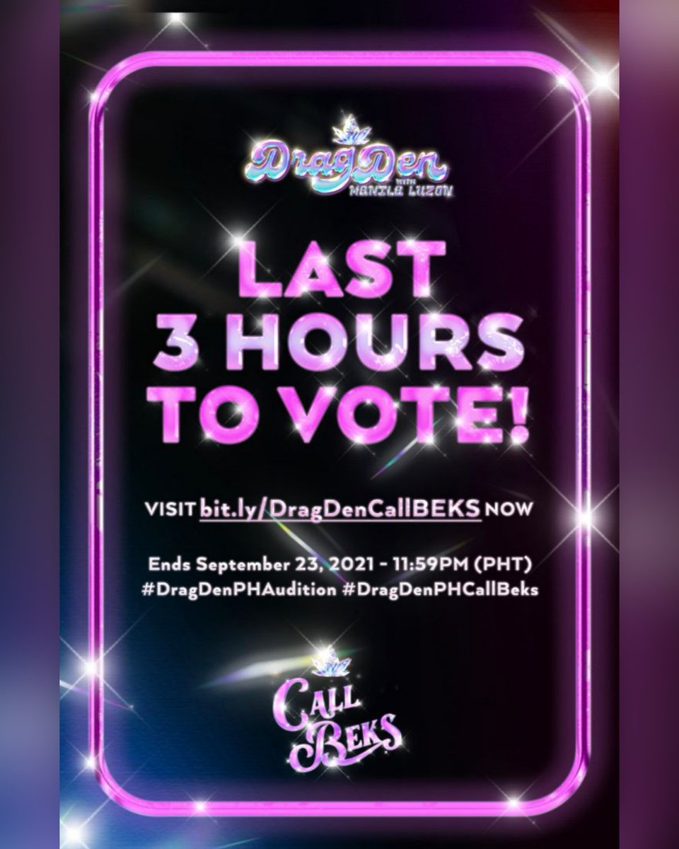 dragdenph's tweet photo. π£ LAST CALL: 3 MORE HOURS BEFORE #DragDenPHCallBeks CLOSES!
Cast your votes upto 10X for your favorite drag artist when you visit https://t.co/XA3YtnJp6S β¨
Push todo go na mga bestie! π
#DragDenPHAudition https://t.co/Yt6hzu1df7