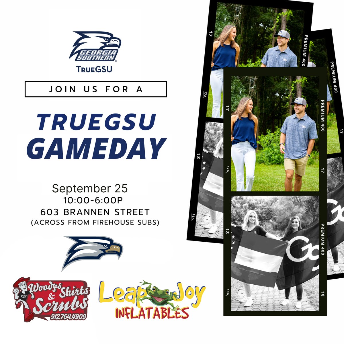 TrueGSU's tweet photo. Join us this Saturday for shopping, music, and a bouncy house! Stop by TrueGSU before the Eagles take the field for some gameday fun.🏈 603 Brannen st, across from Firehouse Subs.
#GATA #footballseason #GSgameday #GSPride #HailSouthern #GeorgiaSouthern #GoEagles #TrueBlue https://t.co/oQ80SBmEDf