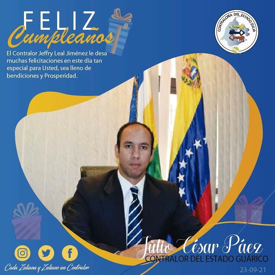 CEZulia01's tweet photo. El Contralor Jeffry Leal Jiménez y todo el equipo de la Contraloría del Estado Zulia, felicitan al Contralor del Estado Guárico Julio César Páez por celebrar un año más de vida. Muchas felicidades. @ceguarico @cgrvenezuela @jeffryleal #CGR #SNCF #CEZulia #Estado https://t.co/1imkJLSI4Z
