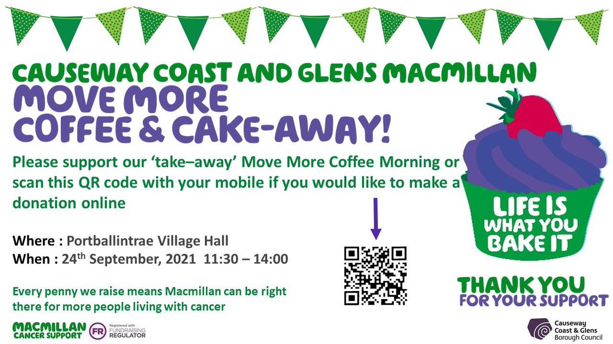 CausewayCouncil's tweet image. 💚Our Macmillan Move More Co-ordinator is holding a Coffee and Cake-Away fundraising event in  #Portballintrae from 11.30am - 2pm tomorrow.

If you can't attend you can use the QR code to make an online donation or click here bit.ly/3CDSguf

Thank you for your support.💚