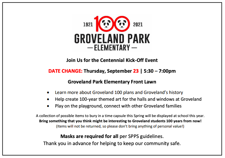 Join us tonight for our <a href="/GrovelandPark/">Groveland Park Elementary</a> Centennial Kick Off tonight! 💯🐼