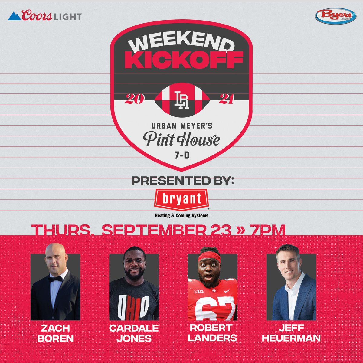 Lettermen Row (@lettermenrow) on Twitter photo Tonight.
<a href="/UrbansPintHouse/">Urban Meyer's Pint House</a>.
Prime. Time.
Weekend Kickoff is always ready to play under the lights. Come hang out with the crew as we chat about the Buckeyes — brought to you by Bryant Heating and Cooling Systems. Tonight.
<a href="/UrbansPintHouse/">Urban Meyer's Pint House</a>.
Prime. Time.
Weekend Kickoff is always ready to play under the lights. Come hang out with the crew as we chat about the Buckeyes — brought to you by Bryant Heating and Cooling Systems.
