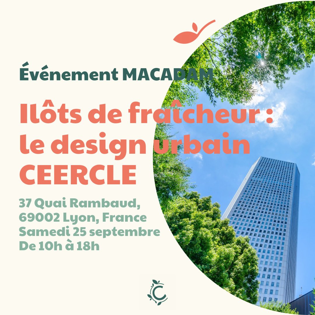 [Macadam Lyon] 

Retrouvez Ceercle ce samedi 25 au <a href="/portrambaud/">Port Rambaud</a> pour l’événement Macadam. 🌱
Nous remercions l’association <a href="/lyoncitydemain/">LYON CITY DEMAIN</a> pour l’accueille ainsi que @francedesignweek et <a href="/lyondesign/">Jan Lyon</a> et nous espérons vous voir nombreux. 🤩💚