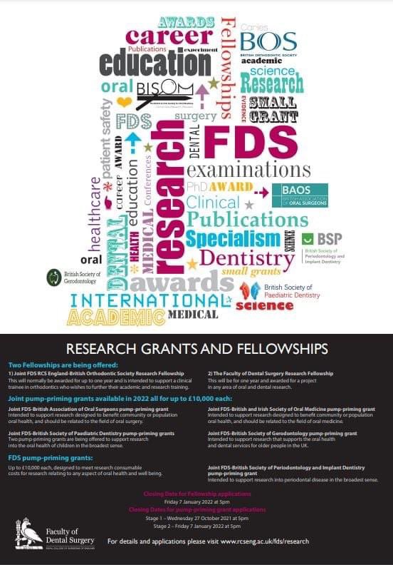 BSPerio (@bsperio) on Twitter photo Applications are open for the 2022 FDS Research Fellowships & Pump-Priming Grants.
BSP is delighted to be collaborating with <a href="/FDS_RCS/">The Faculty of Dental Surgery</a> to offer a pump-priming grant of up to £10,000, to support research into periodontal disease.
For more information visit: bsperio.org.uk/news/2022-fds-… Applications are open for the 2022 FDS Research Fellowships & Pump-Priming Grants.
BSP is delighted to be collaborating with <a href="/FDS_RCS/">The Faculty of Dental Surgery</a> to offer a pump-priming grant of up to £10,000, to support research into periodontal disease.
For more information visit: bsperio.org.uk/news/2022-fds-…