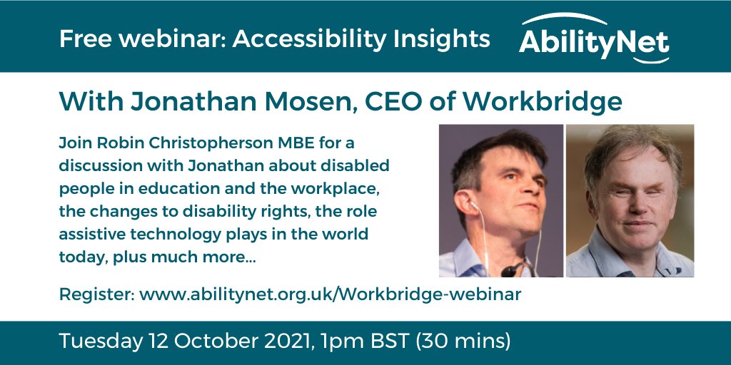 AbilityNet's tweet image. Join us for our next free #A11y Insights webinar with @JonathanMosen from #Workbridge and @USA2DAY. Jonathan is a disability rights campaigner and discuss topics such as the changes to disability rights and the needs of a diverse workforce.

Sign up:
us02web.zoom.us/webinar/regist…