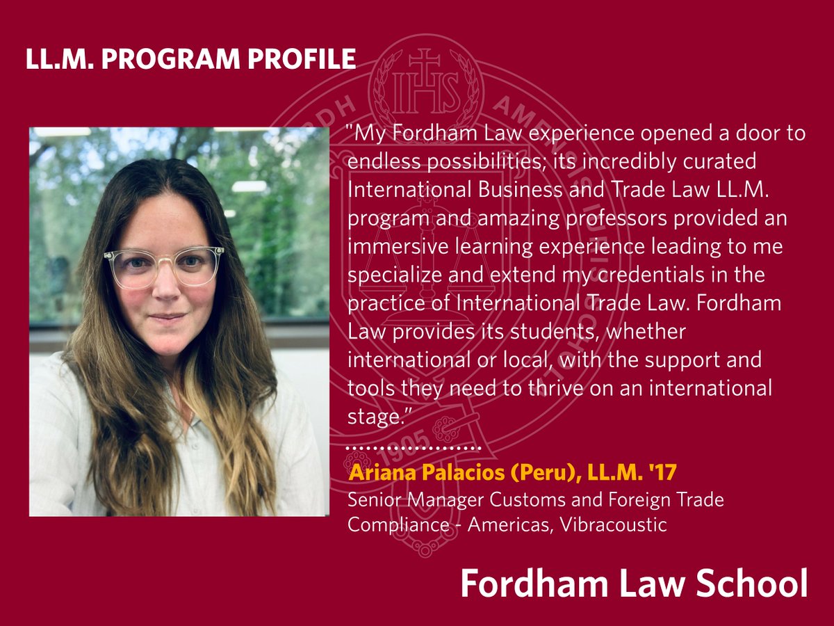 FordhamLawINTL's tweet image. #LLM Program Profile - Ariana Palacios (Peru), LL.M. &apos;17
Senior Manager Customs and Foreign Trade Compliance - Americas, Vibracoustic

#FordhamLaw #LLMAlumni