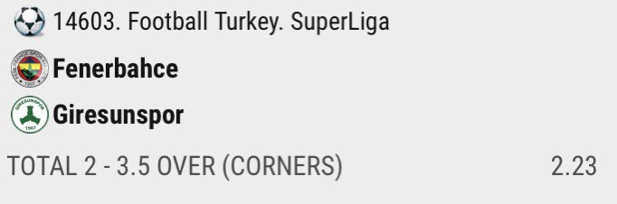 Türkiye 🇹🇷

Giresunspor’un bu sezon ligde oynadığı 5 maçın tamamında korner beklentisi 2.5 ve üzerindeyken oynadığı 5 maçın 4’ünde korner beklentisi 3.5 üzerindeydi.

Giresunspor bu sezon 5.8 korner ortalamasıyla oynuyor.

💎 Giresun 2.5 ve 3.5 Korner Üst | 1.53 - 2.23
