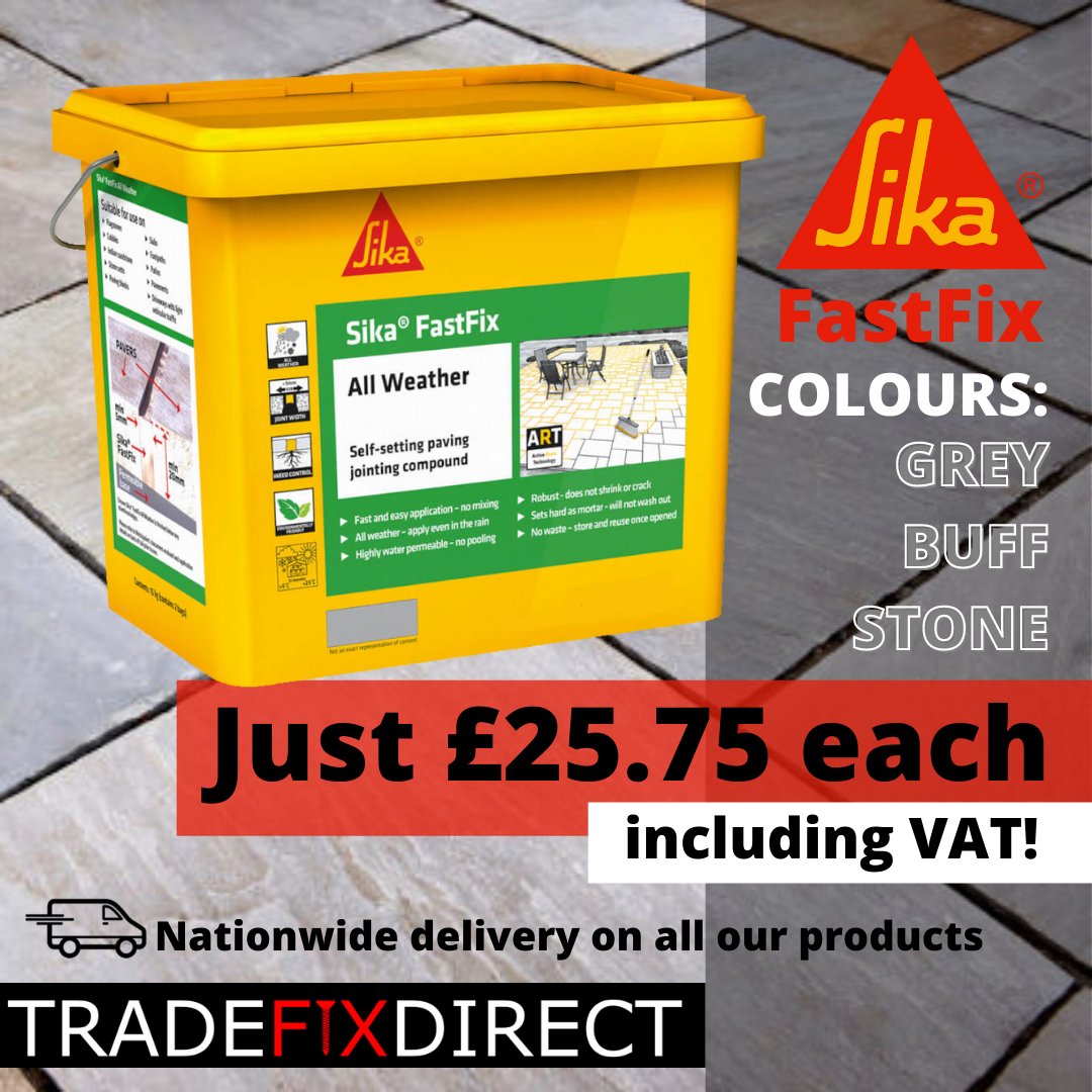 TradefixDirect's tweet image. When it's gone, it's gone!

Sika FastFix All Weather self-setting paving jointing compound in various colours.

Just £25.75 each inc.vat!

Visit tradefix direct for further info - tradefixdirect.com/paving-compoun…

#tradies #paving #ukbuilder #builder #builders #gardening #patiodesign