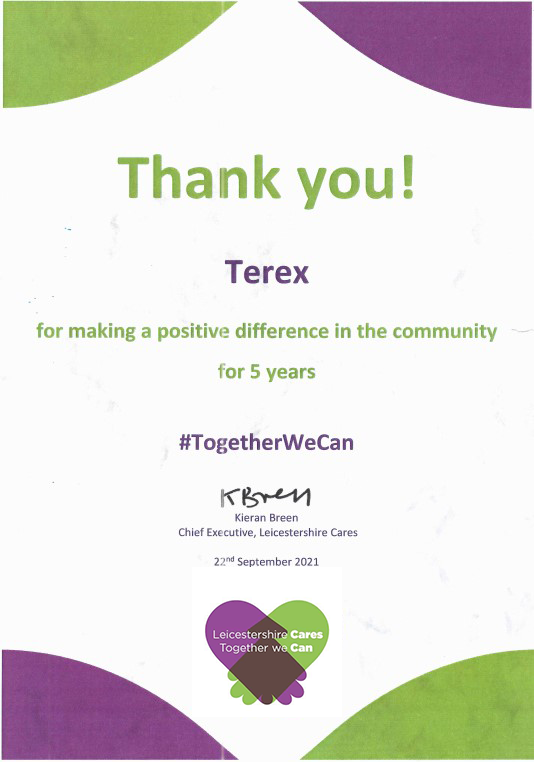 TerexCorp's tweet photo. Our Terex Coalville team members were proud to be presented with a five year ‘Giving Back’ award by @LeicsCares. 

#LeicsCaresAwards21 #TerexWayvalues #TeamTerex https://t.co/cm9pRKhSGM