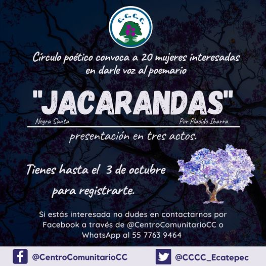 Hola 🌻

¿Te gustaría leer poesía? ¿Quieres hacerlo con nosotr@s? 

En colaboración con Placido Ibarra armamos #CírculoPoético y convocamos a 2⃣0⃣ mujeres para darle voz al poemario "Jacarandas", presentación en 3⃣ actos. 💮

Leeremos en voz alta, con emoción e historia. ❤️

1.