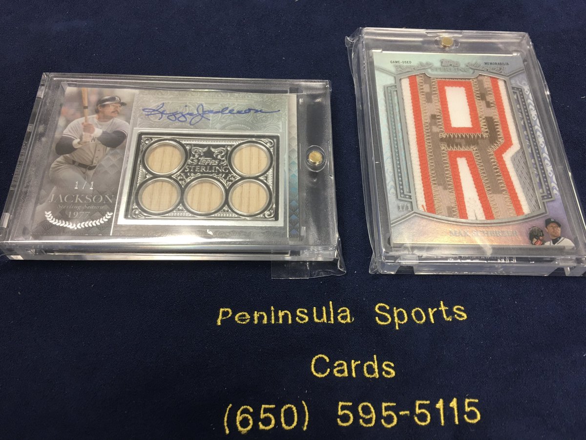 PeninsulaSC's tweet image. Same box of ⁦@Topps⁩ Sterling! Reggie Jackson Bat Auto and Max Letter Patch. Both 1/1! ⁦@SHOWYOURHITS⁩ #collect #mlb