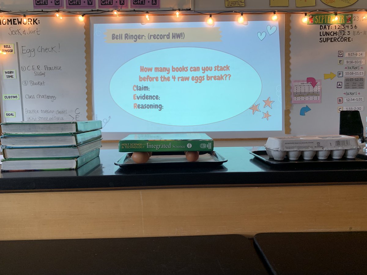 What an EGGsalent way to practice using C.E.R. when writing scientific arguments! How many books can you stack before the 4 *raw* eggs break? Let us know what you think!