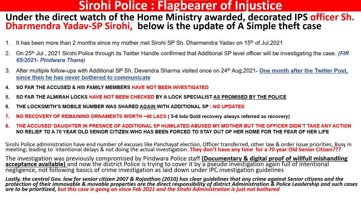 ak47_vora's tweet photo. @Igp_Jodhpur Hope this noble resolve of @RajPoliceHelp is displayed in real. Coz instead of helping a Sr.Citizen, whose legally owned property is forcefully encorached, her jewellery stolen &amp; @SirohiPolice very well aware of it, but not taking action.
@CollectorSirohi @NCWIndia https://t.co/mCumAD1zCn