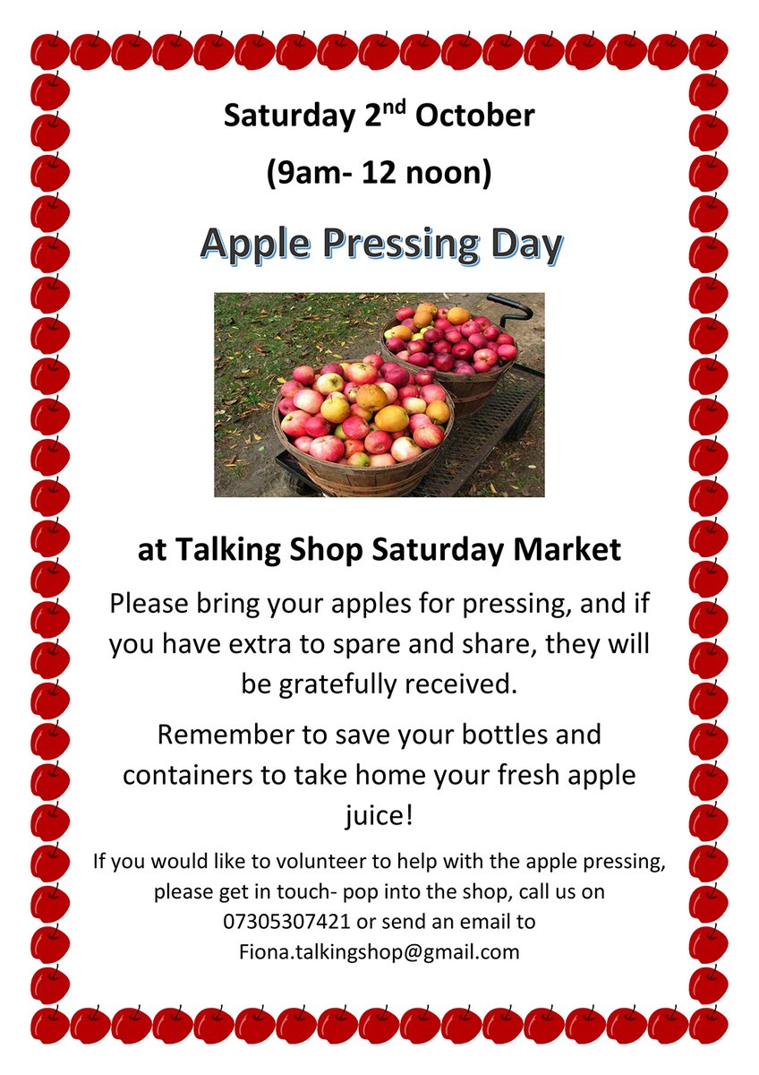 TalkingShopSand's tweet image. Apple pressing is back at Talking Shop. Join us on Saturday, 2nd October from 9am to noon for all the fun. Bring apples if you have them, some bottles and go home with fresh juice! See you there!