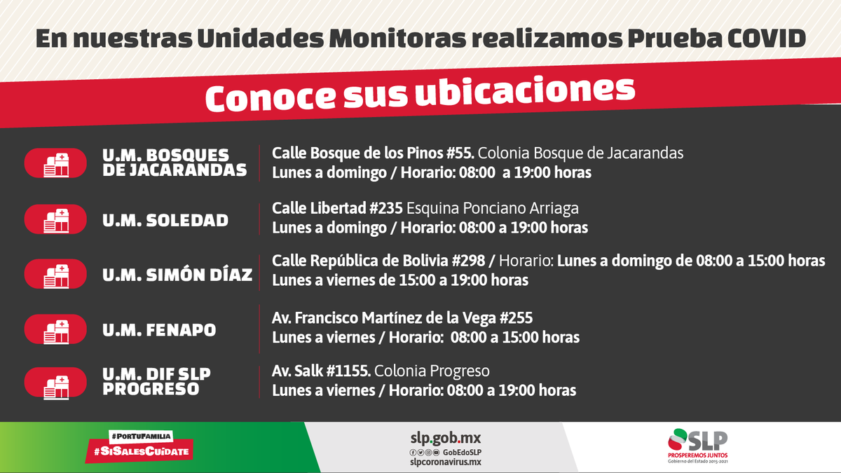 GobEdoSLP's tweet photo. Si tienes síntomas de COVID-19 puedes acudir a cualquiera de las Unidades Monitoras a solicitar atención médica.
Consulta sus ubicaciones. https://t.co/VRM428jIUq