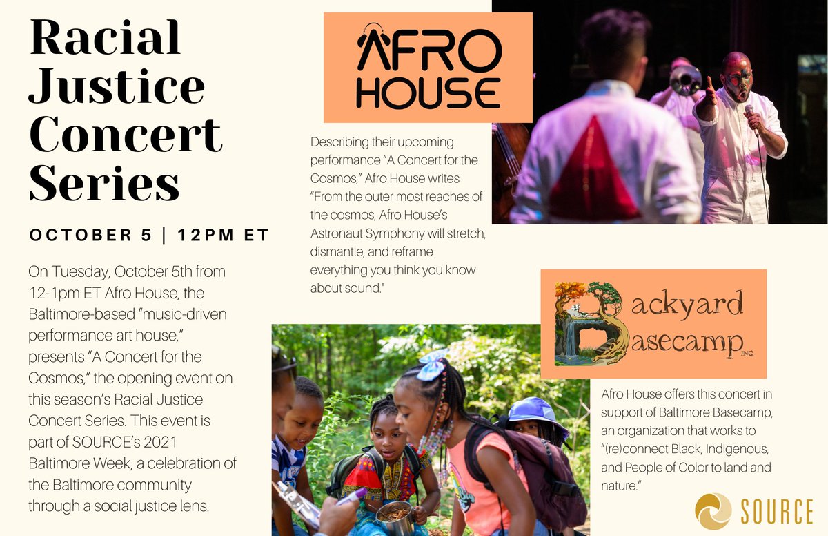 International Arts + Mind Lab (@artsandmindlab) on Twitter photo Mark your calendars: on 10/5 at 12pm ET, join us for the 3rd Racial Justice Concert Series featuring <a href="/afrohouseart/">Afro House</a> w "A Concert for the Cosmos."
The concert will benefit <a href="/Backyard_Base/">Backyard Basecamp</a>, which connects BIPOC with nature. <a href="/creativalliance/">Creative Alliance</a> <a href="/george_peabody/">Peabody Institute</a>
eventbrite.com/e/racial-justi… Mark your calendars: on 10/5 at 12pm ET, join us for the 3rd Racial Justice Concert Series featuring <a href="/afrohouseart/">Afro House</a> w "A Concert for the Cosmos."
The concert will benefit <a href="/Backyard_Base/">Backyard Basecamp</a>, which connects BIPOC with nature. <a href="/creativalliance/">Creative Alliance</a> <a href="/george_peabody/">Peabody Institute</a>
eventbrite.com/e/racial-justi…