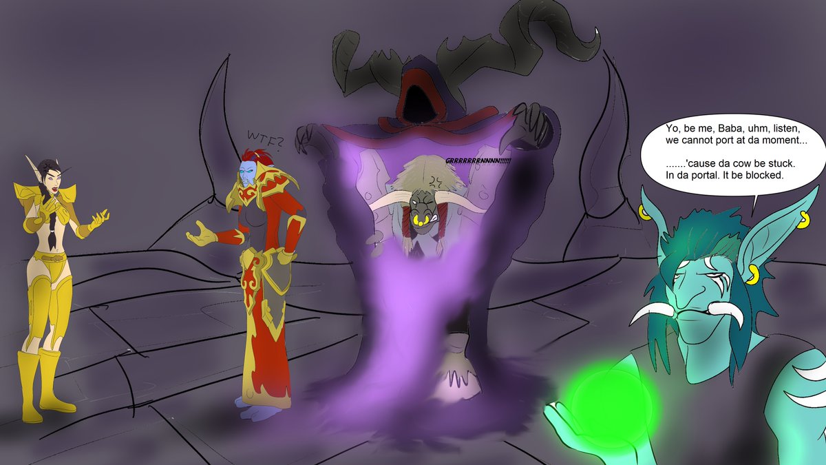 CaptainSobao's tweet photo. Our tauren tank stood so nicely in the portal, I had to take a screenshot and make a funny picture of it.
#WorldOfWarcraft #Shadowlands #fanart #Tauren #CowStuck #Paladin #Warlock #DeathKnight #WoW #WoWShadowlands #WoWFunstuff #SanctumOfDomination #WarlockPortal https://t.co/a0FSKRTEzb