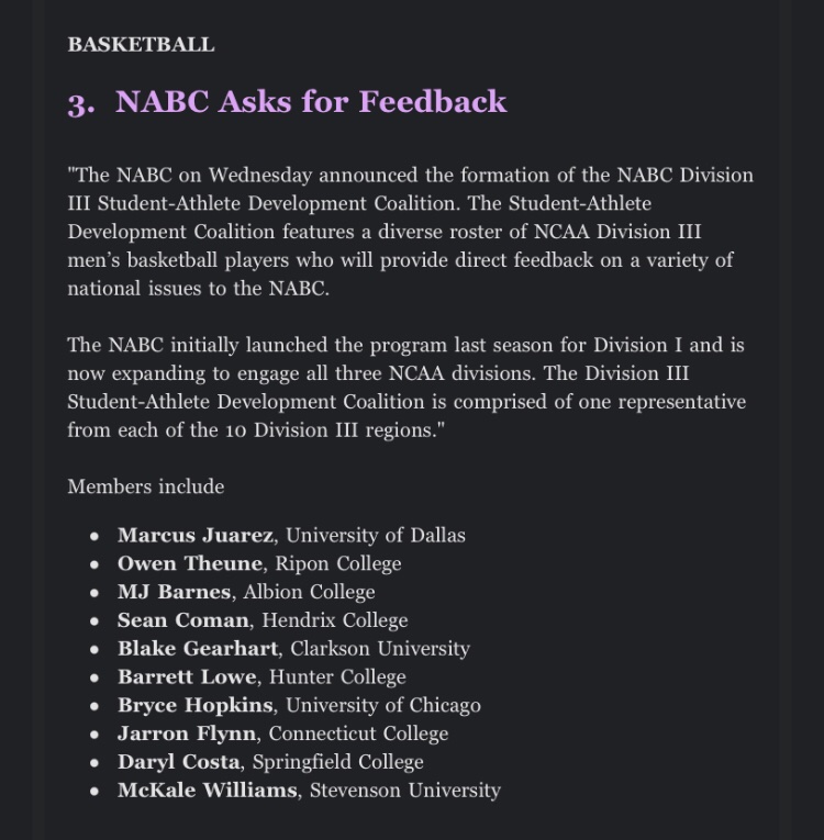 Big fan of this initiative from <a href="/NABC1927/">NABC</a>, actively listening to student-athletes.

These are future leaders in the world, not just athletes. It’s about time we give them a bigger seat at the table. 

[S/O <a href="/d3Playbook/">D3Playbook</a> for the scoop]