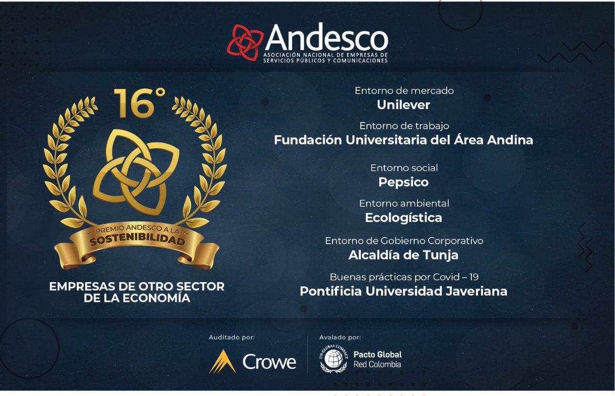 Felicitamos a los ganadores de cada uno de los entornos en la categoría Empresas de otro sector de la economía en el #PremioAndescoSostenibilidad. <a href="/TalentoUnilever/">Unilever Colombia</a> <a href="/PepsiCo/">PepsiCo</a> <a href="/EcologisticaSAS/">Ecologística SAS-ESP</a> <a href="/AlcaldiaTunja/">Alcaldía Mayor de Tunja</a> <a href="/UniJaveriana/">Pontificia Universidad Javeriana</a> <a href="/Areandina/">Areandina</a>