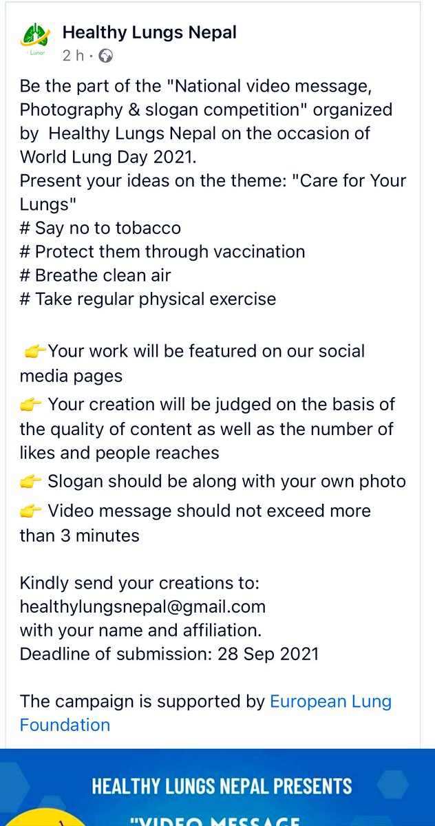 Join us in observing #WorldLungsDay2021 through National video message, photography & art competition on the theme:'#CareForYourLungs”
#SayNoToTobacco
#ProtectThemThroughVaccination
#BreatheCleanAir
#PhysicalExercise.Drop us at healthylungsnepal@gmail.com
by 28 Sep. @EuropeanLung