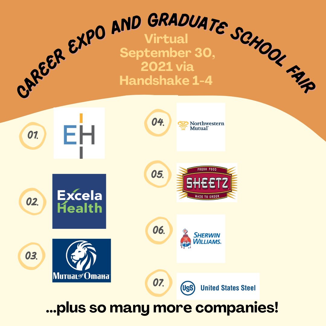 The Career Expo and Graduate School Fair is just around the corner! First Commonwealth Bank, Excela Health, Sheetz, &amp; many more will be there; make sure you will, too! <a href="/IUPedu/">Indiana University of Pennsylvania</a> #IUPStartsCareers

Register for the 2nd day's virtual fair: ow.ly/SaaK50GdeoV