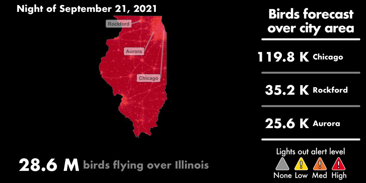 We're forecasting a huge flight of migratory birds through the central flyway tonight. Turning off your lights can help birds safely pass through the night -- especially in areas of red (🚨)! birdcast.info 📡🐦
