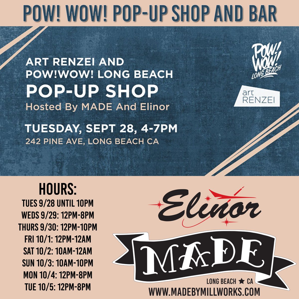 POW! WOW! Long Beach launches in one week! Join us the entire week at 242 Pine Ave for our pop-up shop and bar - shop Pow! Wow! and Art Renzei merch and drink local all in one place!
The launch party is Sept 28 from 4-7pm! 
Free tickets available here: eventbrite.com/e/art-renzei-a…