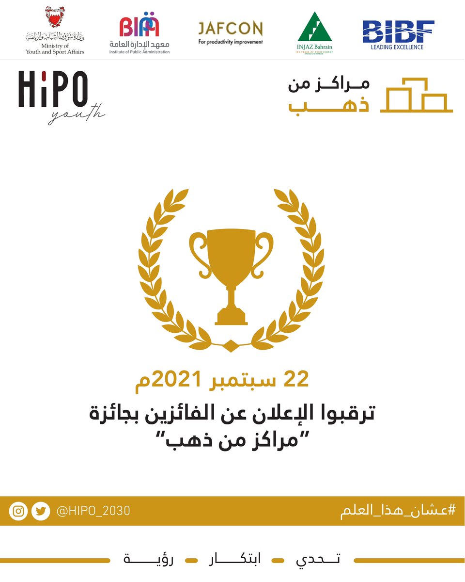 ترقبوا الإعلان عن الفائزين بجائزة
#مراكز_من_ذهب ✨

#عشان_هذا_العلم
#تحدي_ابتكار_رؤية 
#hipo_2030